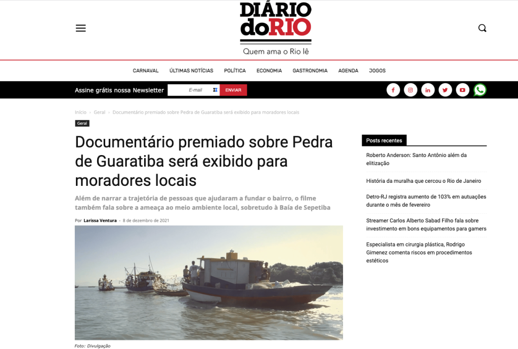 Documentário premiado sobre Pedra de Guaratiba será exibido para moradores locais